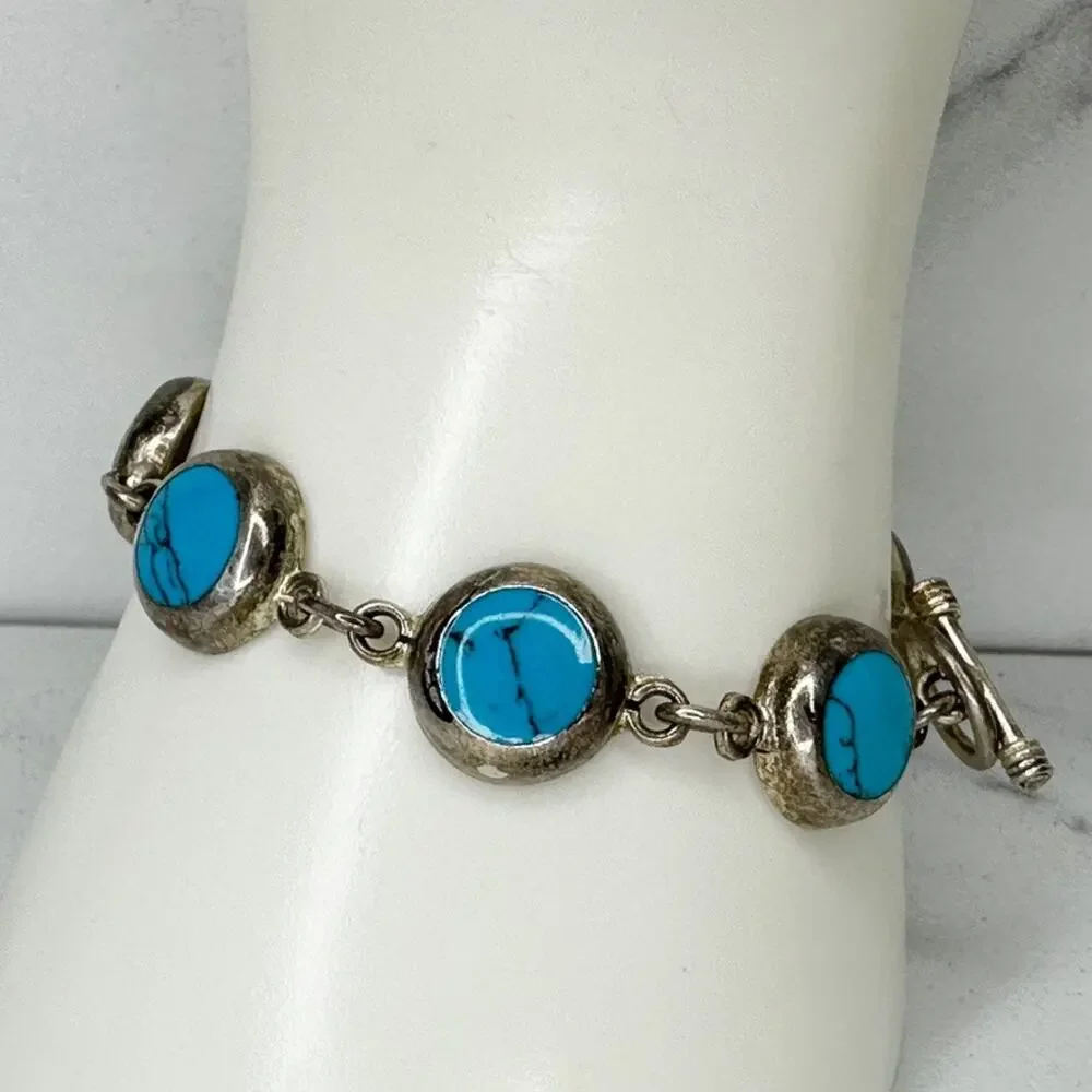 Vintage Mexico Blue Faux Turquoise Round Cabochon Link Toggle Chain Bracelet ✨